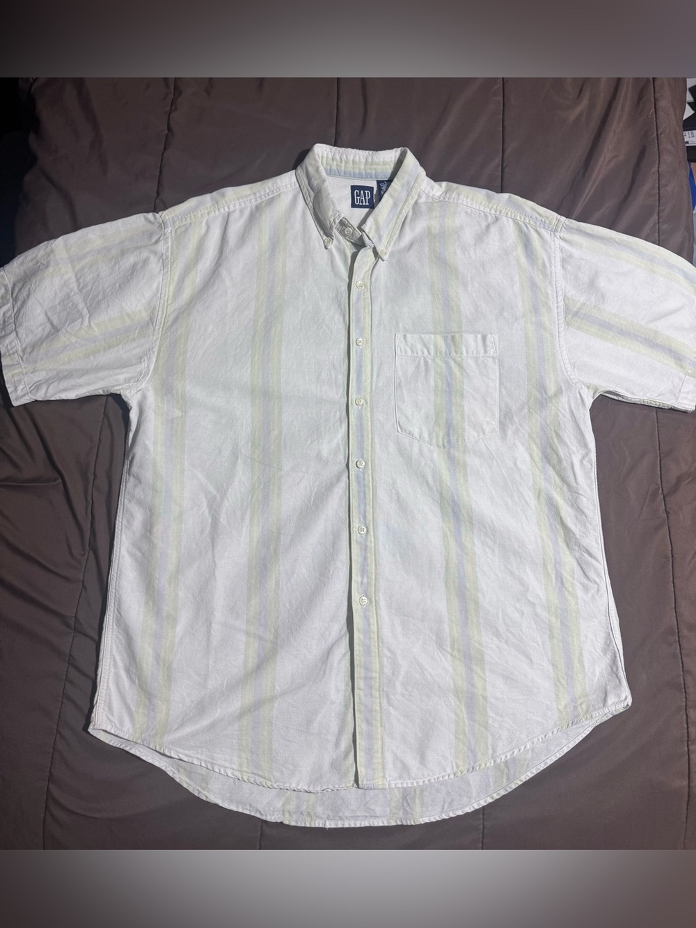Vintage GAP Men's White Button-Down Shirt with Light Yellow & Pale Green Stripes